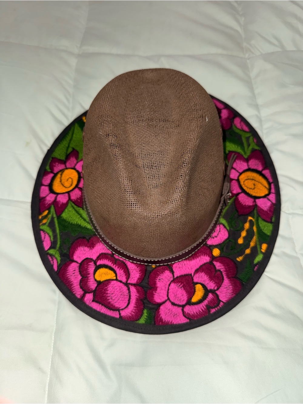 Brown Fedora Hat with Pink Floral Embroidered Brim